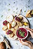 Beetroot Hummus dip served with fresh bread