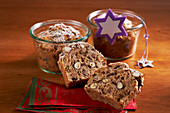 Small pear bread swith whole hazelnuts, baked in glasses