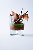Schokoladencreme mit Minzsuppe in Dessertglas vor weißem Hintergrund