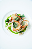 Fried potato slices with parsley mousse and braised Hamburg parsley
