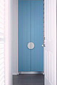 View through open door to blue cabinet door