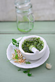 Parsley pesto in a mortar