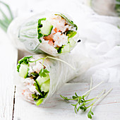 Fresh spring rolls with shripm, crab meat, cucumber and herbs