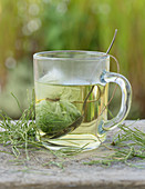 Horsetail tea in a glass cup