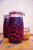 Marinated sour cherries in a jar