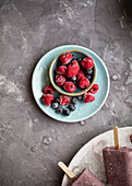 Frozen berries on a plate and in a small bowl (top view)