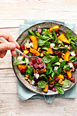 Beetroot and lambs lettuce salad with pumpkin and goat's cheese