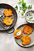 Sweet potato and salmon fritters with a horseradish dip