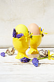 Yellow egg cups decorated for Easter with forsythia and hyacinth florets