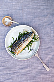 Grilled mackerel with samphire on a ceramic plate with a little bowl of salt on a linen cloth