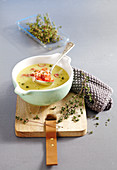 Potato soup with shrimps and thyme