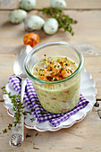 Potato soup with prawns in a preserving jar for an Easter brunch