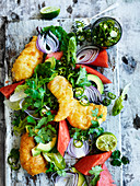 Berr-Battered Fish with Jalapeno and Watermelon Salad