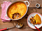 Cornbread Tamale Pie (beef, black beans, corn, green pepper and onion seasoned with chile power and cumin)