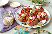 Baked sweet potatoes stuffed with chickpeas and spinach