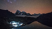 Lake and mountains at night in Nepal, time-lapse footage