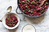 Young beets and beet greens with buckwheat, red beans and dill