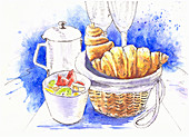 Frühstück mit Croissants, Obstsalat und Kaffeekanne (Illustration)
