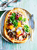 Breakfast Egg, Mushroom and Prosciutto Pizzas