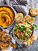 Roasted Carrot Hummus and Spicy Guacamole