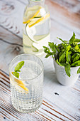 Detox-Wasser aromatisiert mit Zitrone, Gurke und Minze in Glas und Karaffe