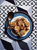 Fried cauliflower with parmesan wafers and tahini yoghurt