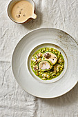 Corn-fed chicken with barley risotto and a morel mushroom sauce