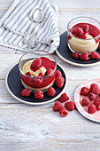 Caramel pudding with raspberries