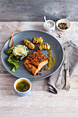Plank-grilled salmon fillet grilled with a chard tower