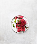 Beetroot waffles with wasabi cream cheese