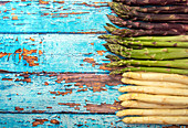 Green, white and purple asparagus on old blue wooden rustic table