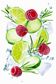 Lime, cucumber, rosemary and raspberry flying with ices and water splash