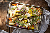 Raw oven-roasted vegetables with herbs