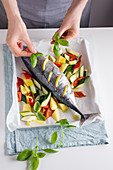 Bratfertiger, kleiner Thunfisch mit Gemüse und Basilikum auf Ofenblech