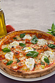 Pizza Margherita mit Tomaten, Mozzarella und Basilikum