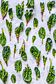 Young leaves of spinach with stalks laid out in the form of a pattern on a concrete background