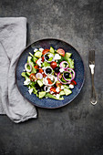 Griechischer Salat (grüner Salat, Feta, schwarze Oliven, Gurke, Tomaten, rote Zwiebel)