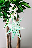 Green paper star with holes on a branch of flowers