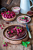 Baked chocolate ganache and raspberry pie