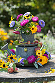 Bouquet And Blooms Of Summer Aster And Marigold In Etagere