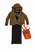 A knitted V-neck jumper, a pencil skirt, a short hooded parka and a backpack
