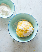 Potato dough with flour in a bowl
