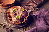 Homemade chocolate ice cream in a wafer bowl