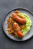 Sausages with onions and mashed Brussels (low carb)