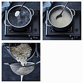 Rice being cooked in salt water, simmering and being drained