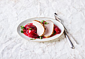 Slow-cooked roast pork with plum sauce