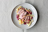 Tagliatelle with duck breast and lingonberry sauce