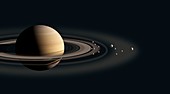 Saturn and its moons, illustration