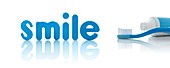 The word 'smile' in blue letters with toothbrush