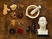 Herbs and equipment used for alternative medicine